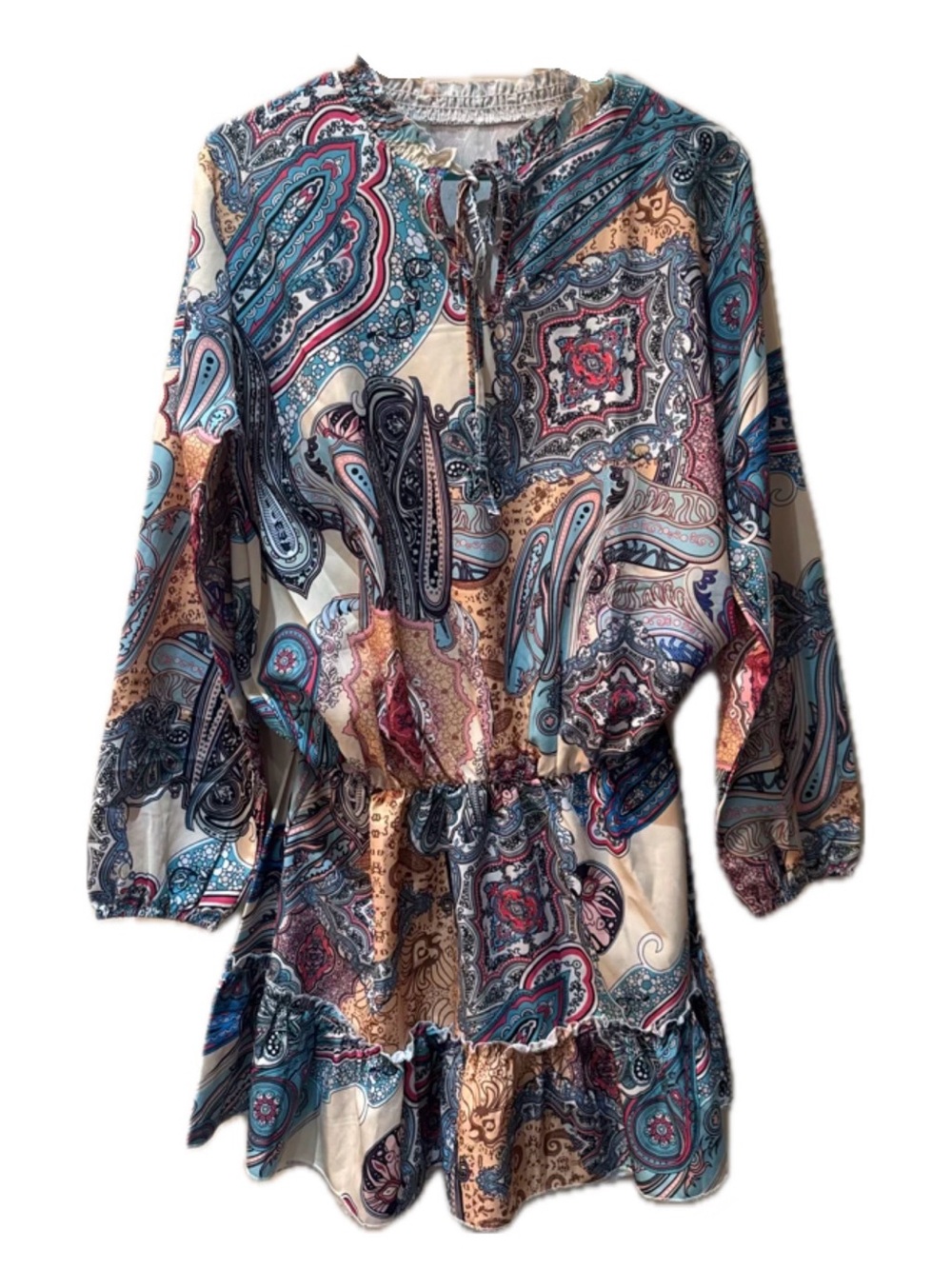 Paisley Print Midi Dress in Cream & Blue